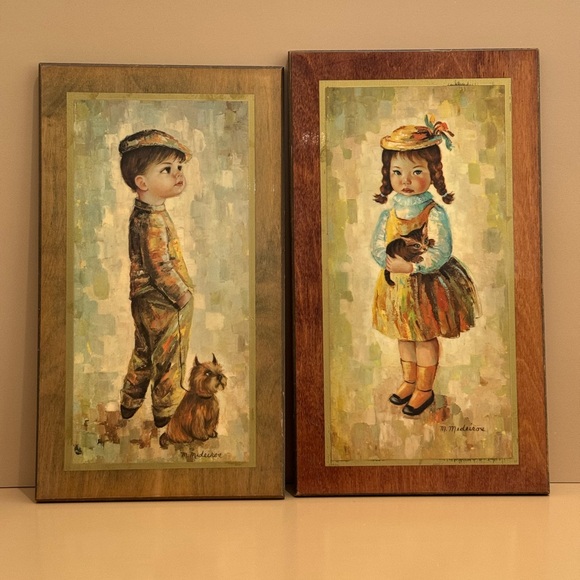 Mid Century Medeiros Girl with Cat and Boy with Dog Big Eye Wall Art - Picture 3 of 13